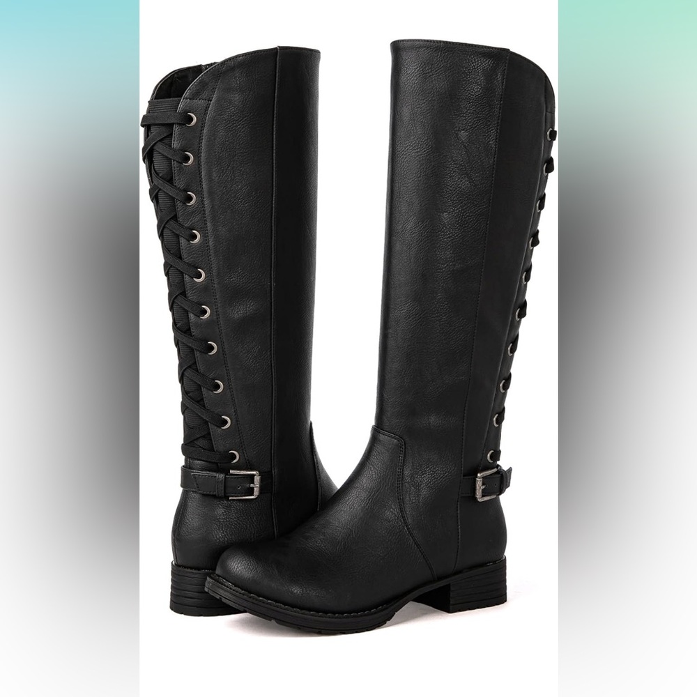 GLOBALWIN Women's Quilted Black Knee High Boots Strappy Boots For Women size 9
